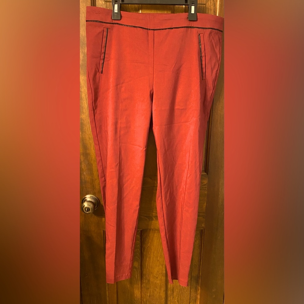 Red Cropped Ankle Pants With Black Leather Details